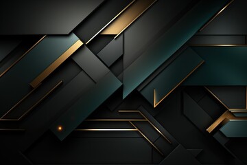Abstract geometric background with black, teal, and gold shapes.