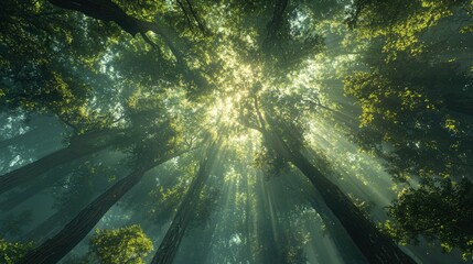 A serene forest scene, captured from below, with sunlight streaming through tall trees, creating a magical interplay of light and shadows