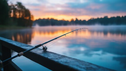 black fishing rod leaning against a railing on a lake pier