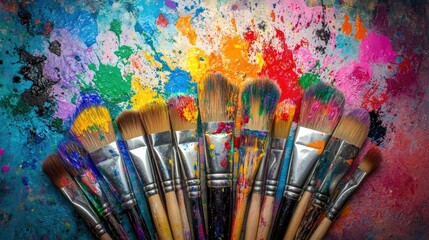 Paintbrushes arranged in a fan with vibrant paint splatters radiating out, creating a lively and creative scene