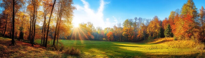 Fototapeta premium A beautiful autumn forest with vibrant foliage and a sunlit meadow under a bright blue sky.