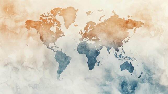 Fototapeta Artistic world map in soft hues, ideal for travel themes, global awareness, and educational materials.