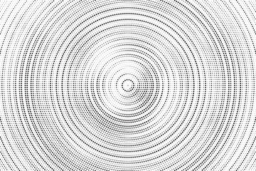 Radial halftone gradient background. Dotted concentric texture with fading effect. Black and white circle shade wallpaper. Grunge rough vector. Monochrome backdrop