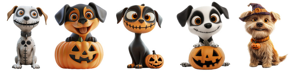 Halloween character set, dogs with pumpkin , 3d, cartoon style, transparent background, png,