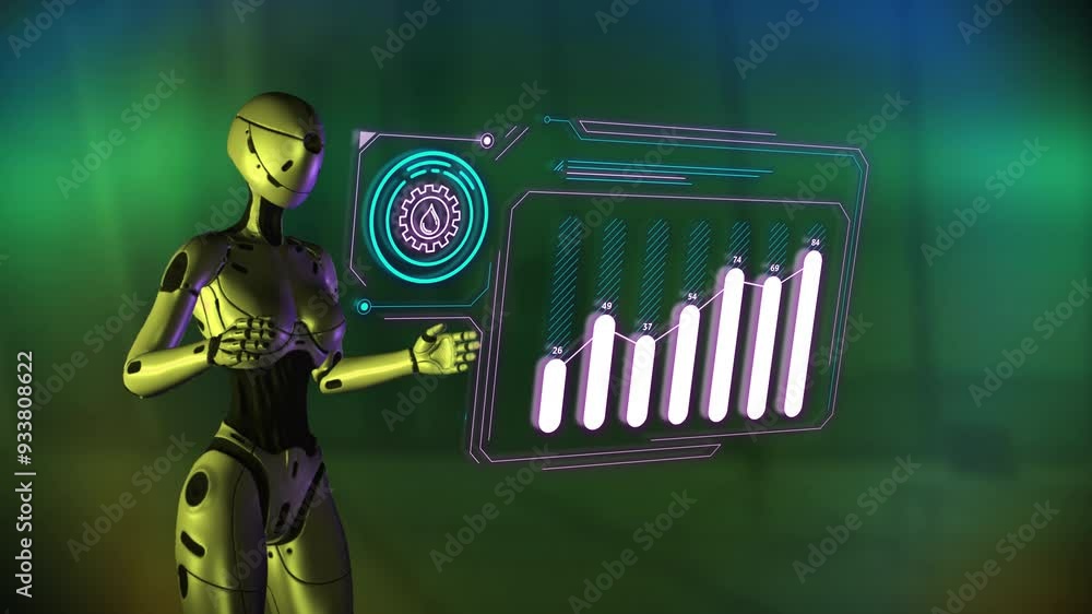 Poster artificial intelligence works on a virtual tablet with data on oil production levels