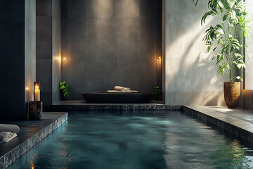 A luxurious spa environment that highlights relaxation with rich textures and opulent materials