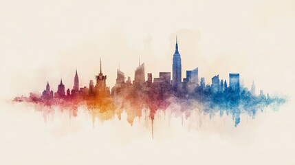 Fototapeta premium Vibrant watercolor skyline featuring iconic buildings, blending colors of blue, orange, and red against a soft beige background.