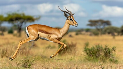 Impala antelope leaping across the African savanna.