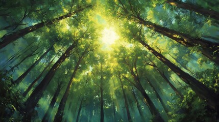 A vibrant painting of forest scene viewed from below, with tall trees reaching towards a bright light filtering through lush, green foliage