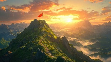 Naklejka premium A breathtaking mountain landscape at sunset, featuring a prominent peak adorned with a red flag, showcasing vibrant colors and dramatic cloud formations