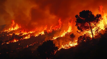 Dramatic scene of forest fires raging through a Mediterranean landscape, with thick smoke and burning trees emphasizing the devastation