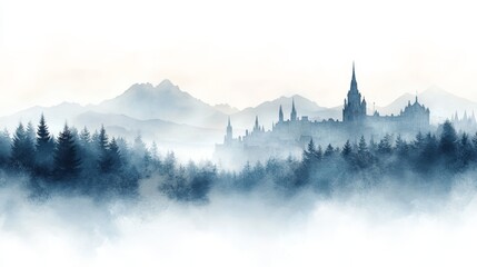 Misty landscape featuring mountains, pine trees, and a distant castle silhouette, evoking a sense of mystery and tranquility.