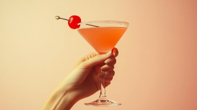 Vintage retro female hand holding a cocktail on plain background, 1960s and 70s inspired style