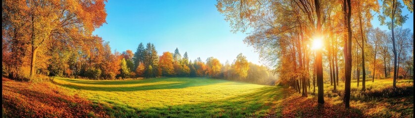 A vibrant autumn sunrise illuminates a forest meadow with colorful foliage and a clear blue sky.