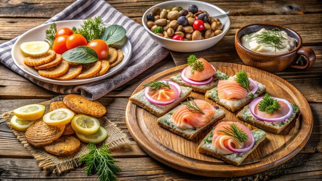 Traditional Norwegian cuisine featuring smoked salmon, pickled herring, and krumkaker cookies, arranged on a rustic wooden table with a vintage Nordic-inspired tablecloth.