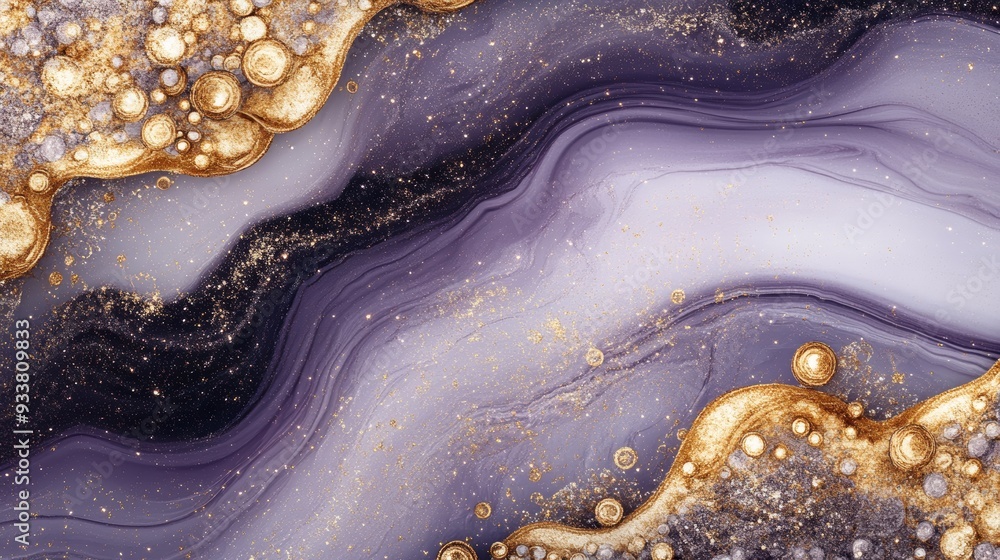 Poster abstract purple and gold marble pattern with swirls and bubbles, perfect for backgrounds and design 