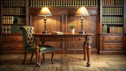 Traditional wooden desk with ornate legs and leather-bound books, accompanied by a vintage-style lamp, creating a nostalgic and sophisticated workspace atmosphere.