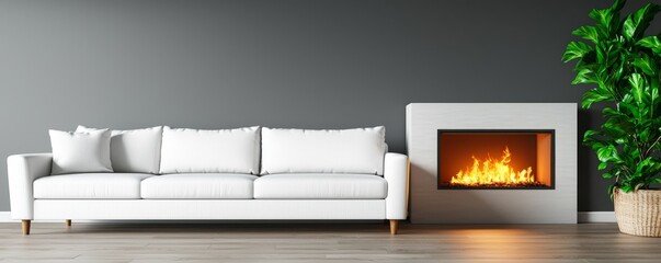 Modern living room with a sleek white corner sofa arranged near a minimalist fireplace, exuding Scandinavian charm and warmth