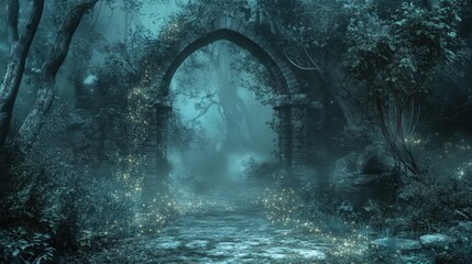 Naklejka premium Mysterious enchanted forest with a stone archway, dark fog, and glowing mystical lights, creating a fantasy-themed background for immersive designs.