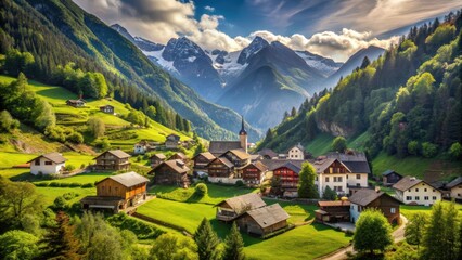 Obraz premium Peaceful village nestled in the mountains, mountain, village, countryside, scenic, tranquil, serene, remote, landscape, cabin