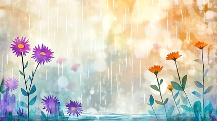 A calming view with cartoon asters and watercolor rain