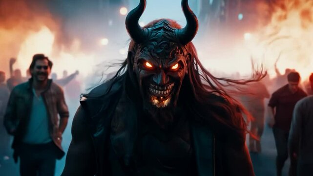 Menacing demon prowls through a city at night, surrounded by smoke and a bustling crowd, creating a spooky and sinister vibe perfect for halloween