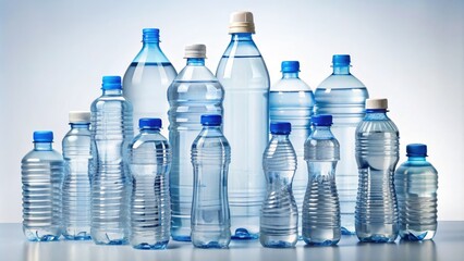 Transparent refillable plastic water bottles of various sizes stacked on top of each other on a white background, showcasing eco-friendly hydration storage solutions.