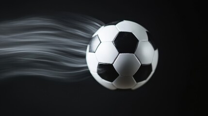 Naklejka premium Rotated soccer ball frozen in mid-air, detailed with motion blur to suggest fast movement, perfect for sports or dynamic action shots.