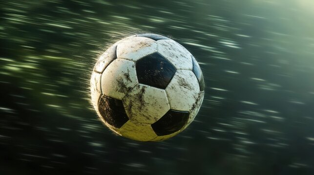 Rotated soccer ball frozen in mid-air, detailed with motion blur to suggest fast movement, perfect for sports or dynamic action shots.