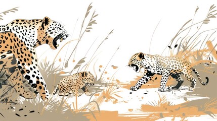 Naklejka premium Leopard Family in the Grass.