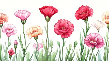 Fototapeta premium Cartoon carnations in a playful watercolor garden
