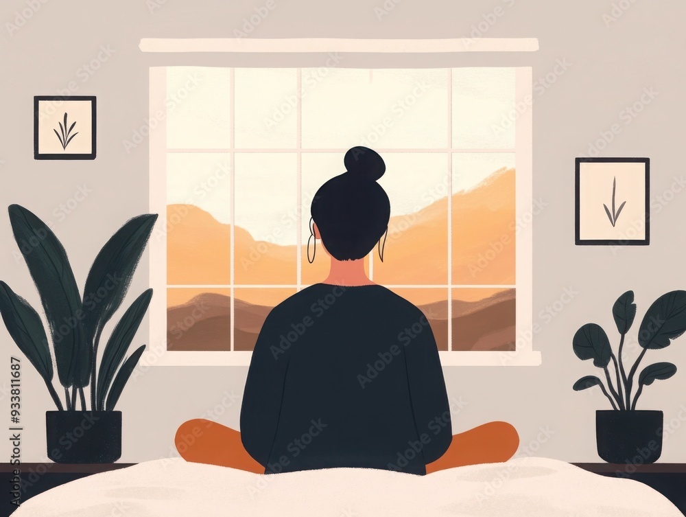Poster a calm bedroom scene with a person practicing deep breathing exercises by the window, representing a
