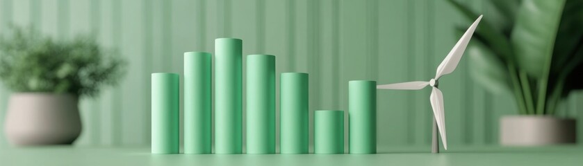 Energy consumption analysis, green bars and charts with icons, 3D illustration