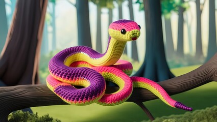 A 3D render of a crochet-style amigurumi California red-sided garter snake with vivid neon iridescent colors. The snake is coiled on a branch in a forest.