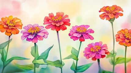Cartoon zinnias in a joyful watercolor celebration