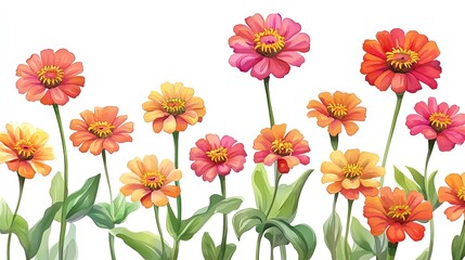 Cartoon zinnias in a joyful watercolor celebration