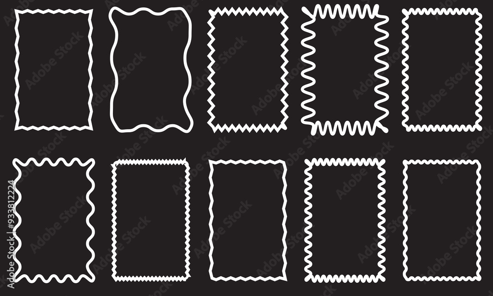 Poster squiggle frames set. zigzag wavy edges, retro frames, psychedelic rectangles, photo frames, text box
