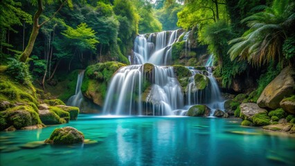 Turquoise waterfall cascades over moss-covered rocks, creating a misty veil that meets the rugged, lush green edge of a dense, tropical forest landscape.
