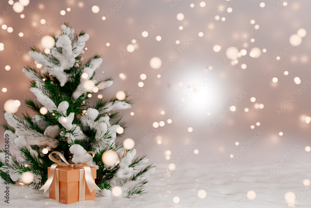 Poster christmas tree with a gift beside it, surrounded by a snowy background and soft glowing lights. 3d r