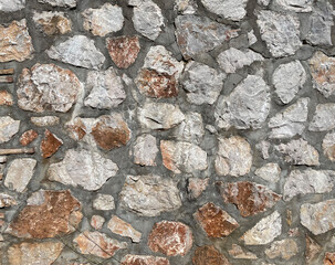 Brick wall texture, closeup of an old exterior surface as a background. Building face wall, convex joint line between dissimilar faded bricks brings character and dimensionality to vintage masonry.
