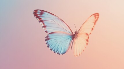 Delicate butterfly with iridescent wings fluttering gracefully against a soft pastel-colored background, creating a peaceful and whimsical atmosphere.
