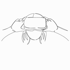 One continuous single drawn line art doodle glass, girl, virtual, reality, digital. isolated image hand-drawn contour on a white background