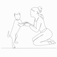 One continuous single drawn line art doodle vector, dog, cute, illustration, girl. isolated image hand-drawn contour on a white background
