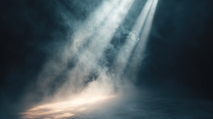 Fototapeta premium Spotlight beam piercing through smoky studio air, casting dramatic shadows and creating a moody, mysterious atmosphere