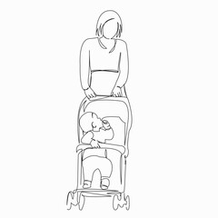 One continuous single drawn line art doodle mother, baby, woman, stroller, pram. isolated image hand-drawn contour on a white background
