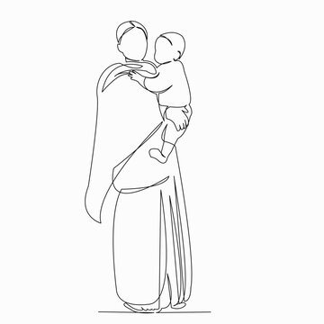 recommend clip art: One continuous single drawn line art doodle hand, doodle, baby, child, indian, mother, kid. isolated image hand-drawn contour on a white background