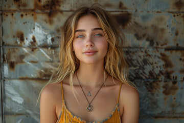 Fototapeta premium Young woman basks in sunlight against rustic brick wall backdrop