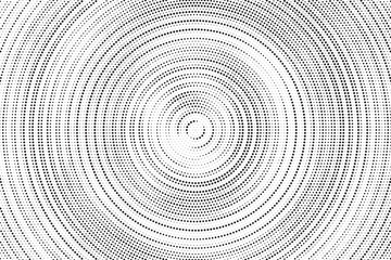 Radial halftone gradient background. Dotted concentric texture with fading effect. Black and white circle shade wallpaper. Grunge rough vector. Monochrome backdrop	