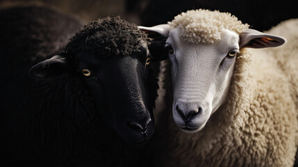Heads of two sheep, a black and a white sheep. Standing close together. Shallow depth of field.