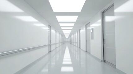 Obraz premium Hospitality in Solitude: An Empty Hospital Corridor Illuminated by Bright Overhead Lights